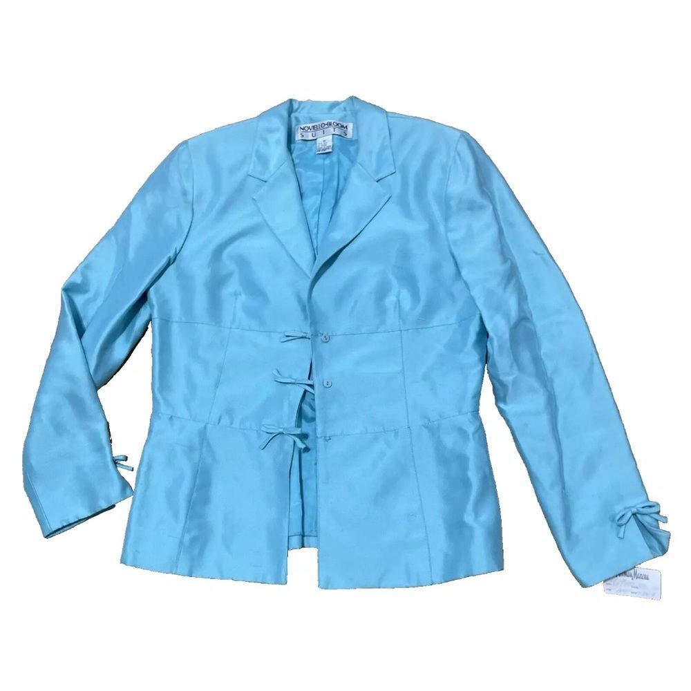 Noviello Bloom Suits Womens Suit Jacket Silk Blazer Light Blue Bow 10 Satin NEW